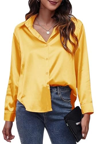 Image of SEAUR Women's Satin Silk Blouses Tops Long Sleeve Button Down Shirts Casual V Neck Blouse Tops for Office Work Yellow M