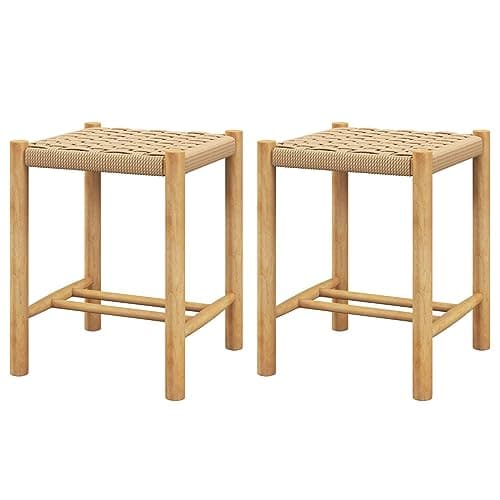 Image of TANGZON Woven Bar Stools Set of 2, Rubber Wood Backless Bar Chairs with Paper Rope Weave Seat & Footrests, Kitchen Counter Height Dining Stools for Home Living Dining Room Farmhouse (36 x 36 x 45cm)