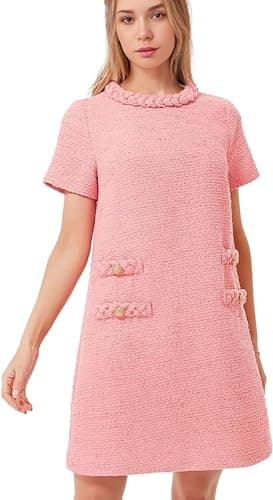 Image of LJYAUTO Womens 60s Mod Dress 2024 Tweed Elegant Formal Crew Neck Mini Dress Vintage Button Short Sleeve A Line Dresses (S,Pink)