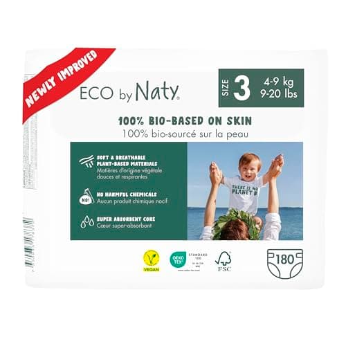 Image of Naty Baby Nappies - 100% Plant-Based Materials on Skin, Soft, for Sensitive Skin & Super Absorbent (Size 3, 180 Count)