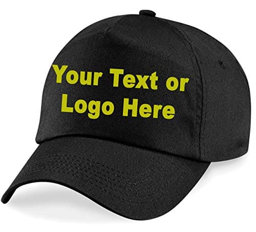 Image of WM SPORTS Personalised Baseball caps Customised Adults Unisex Printed Caps Hats with Text/Name or Logo (Black Cap)