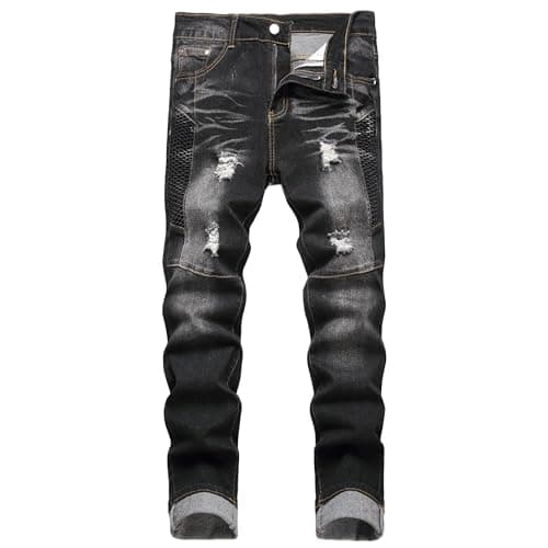 Image of Men's Slim Fit Stretch Ripped Jeans Cargo Skinny for Men, Distressed Destroyed Straight Leg Fashion Comfort Flex Waist Jeans, Teenager Casual Fashion Designer Classic Regular Fit Basic Denim Pants