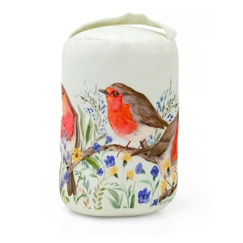 Image of Floral Robin Doorstop | Velour Fabric Robin & Forget Me Not Cylinder Door Stop with Handle | Door Stopper for Country-Style Homes 1.2kg - 21cm