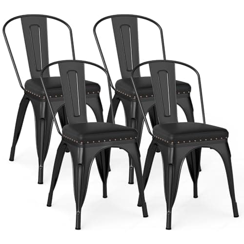 Image of TANGZON Stackable Dining Chairs Set of 4, Metal Tolix Chairs with PU Leather Padded Seat & Removable Slat Backrest, Industrial Bistro Side Seating for Kitchen Dining Room Restaurant (Black)