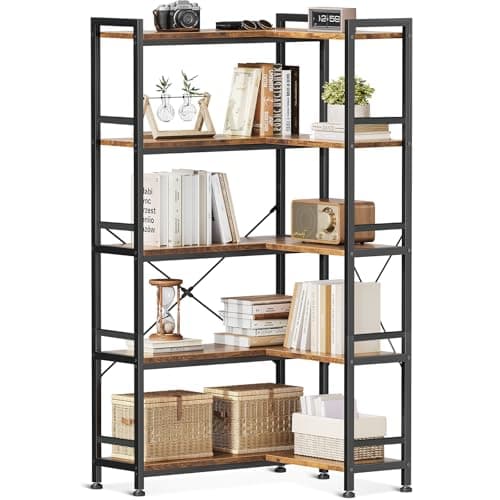 Image of Coleshome 5-Tier Corner Bookshelf, 5-Shelf L Shaped Corner Bookcase, Tall Bookshelves Storage Display Cabinets for Living Room Home Office, Bedroom, Rustic Brown, 72.8 x 65.3 x 145.5