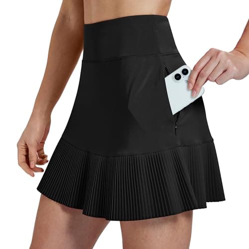 Image of MoFiz Women's Pleated Tennis Skirts with Shorts 16" Elastic Waist Golf Skorts Casual Sports Athletic Workout Active Skirt with 4 Pockets Black Size UK M