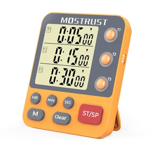 Image of MOSTRUST Digital Dual Kitchen Timer, 3 Channels Countdown Triple Timer for Cooking, Magnetic Memory-Preset Large Display Adjustable Alarm Volume, Multi Times Management, 3A Battery Included, Orange