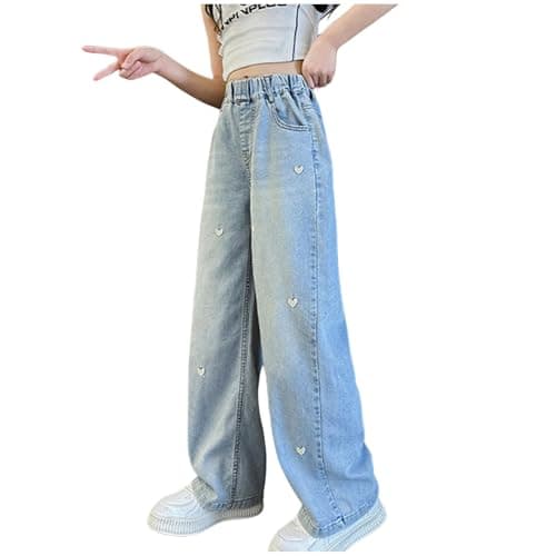 Image of Jeans Kids Girls Age 4-14 Years Denim Trendy Loose Fit Trousers Teen Girls Waist Tightener Elastic Comfy Stretchy Winter Spring Casual Vacation Pants (Blue, 13-14 Years)