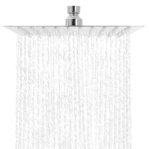 Image of QWORK® 8 Inch Rain Shower Head Ultra-Thin Square Overhead Showerhead with Angle Adjustment - Stainless Steel with Chrome Finish - Standard Fitting, Easy Replacement
