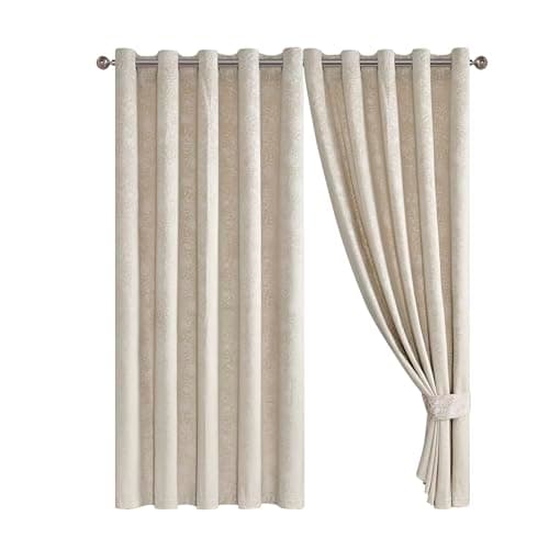 Image of Floral Jacquard Velvet Curtain Pair - Heavyweight and Noise Reducing - Room Darkening Eyelet - Fully Lined for Thermal Insulation - Includes Two Tiebacks (Cream, 66" x 72" (168 x 183 cm))