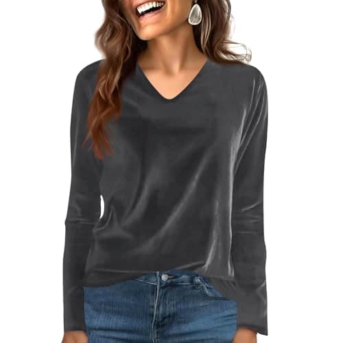 Image of Women's Velvet V-Neck Long Sleeve Top Soft Velour Pullover Sweatshirts Solid Colour Casual Loose Fit Tunic Lightweight Comfortable Blouse for Daily Wear Office and Weekend Outfits 4XL Gray