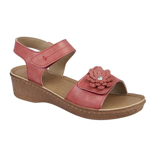 Image of Jo & Joe Ladies Comfort Floral Detail Double Strap Touch Close Fastening Wedge Sandals (Red, UK Footwear Size System, Adult, Women, Numeric, Medium, 6)