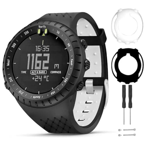 Image of T-BLUER Watch Strap Compatible for Suunto Core,Silicone Replacement Strap Bracelet Accessory and Full Cover Protector Case for Suunto Core Smart Watch,Black White