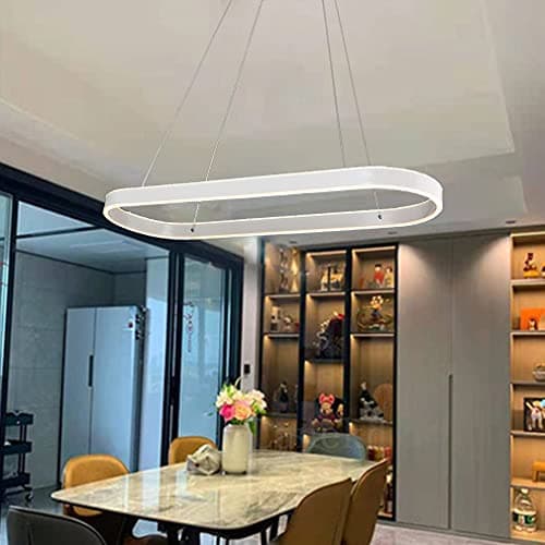 Image of HELCEKOU Modern LED Pendant Light, Dimmable Oval Chandelier for Dining Room, Living Office, Bedroom - White Wooden Ceiling Lamp (L120cm)