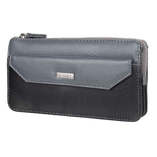 Image of STARHIDE Womens Beautiful Real Soft Leather Wallet RFID Blocking Full Zip Around Designer Cardholder Money Pouch Purse 5615 (Black/Grey)