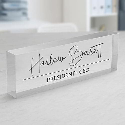 Image of Personalised Office Desk Name Plate Custom Modern Plaque Sign Clear Glass Effect Black Acrylic Base Work Home Gift for Loved Ones