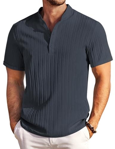 Image of COOFANDY Mens Short Sleeve Henley Shirts Casual Summer Band Collar Beach Textured Shirt for Men Blueviolet M