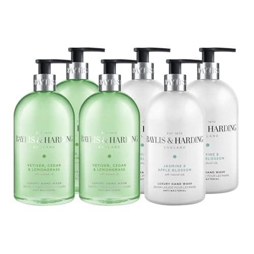 Image of Baylis & Harding 6 x 500 ml Hand Wash Bundle: 3 x Anti-Bacterial Jasmine and Apple Blossom & 3 x Anti-Bacterial Signature Vetiver, Cedar & Lemongrass - Vegan Friendly