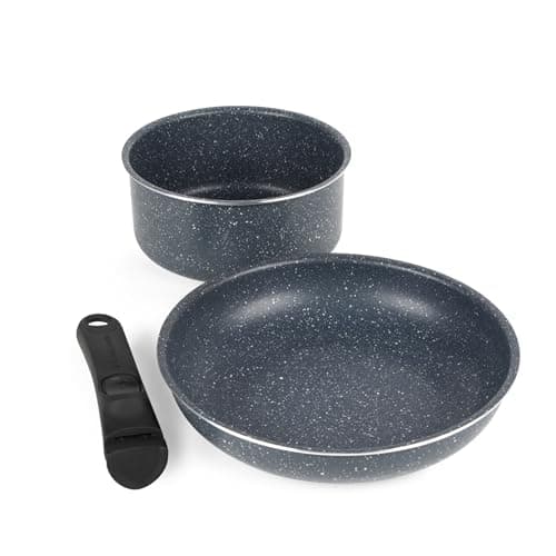 Image of Russell Hobbs Smart Clip 3-Piece Pan Set – Xylan Plus Non-Stick Coating, Nightfall Stone Starter Set, 24 cm Frying Pan & 18 cm Saucepan, Removable Clip-On Handle, Stackable Design, PFOA-Free