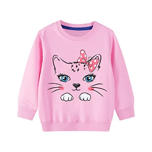 Image of LXKA Kids Jumper Pink Girls T Shirts Children Sweatshirts Long Sleeve Tops Cat Toddler Clothes Cotton for Toddler Age 6-7 Years