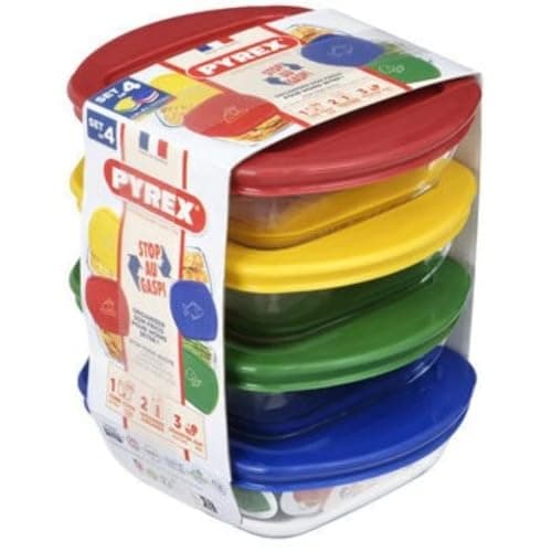 Image of Cook & Store Square Storage Container Set, 4 Pieces, Multi-Color Lids (Red, Yellow, Green, Blue), 12 cm x 12 cm, 0.35L Capacity