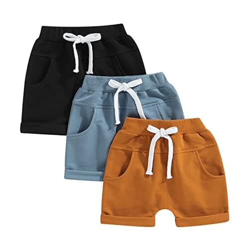 Image of 3 Pack Newborn Baby Unisex Shorts Toddler Boy Jogger Shorts with Pockets Solid Color Drawstring Pants Baby Summer Clothes (Blue Brown Black, 12-18 Months)