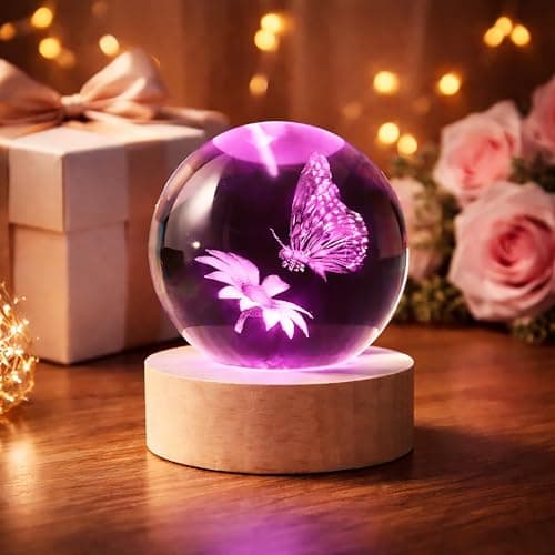 Image of 3D Butterfly Crystal Ball Night Light, 2.36 Inch K9 Crystal Lamp with Wooden Base, 7 Colors LED Mood Light with Remote Control, USB Powered 3D Laser Engraved Butterfly Lamp for Bedroom, Living Room &