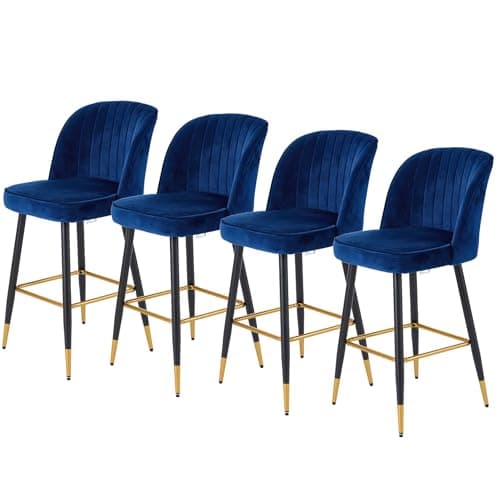 Image of Warmiehomy Bar Stools Set of 4, Comfy Velvet Upholstered Barstools with Back and Metal Legs, Kitchen Breakfast High Bar Chairs Stools for Kitchen Counter Island, Dining Room, Pub, Sapphire Blue