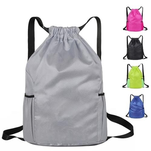 Image of Toced Drawstring Bag, Unisex Large Sports Backpack String Drawstring PE Bags, Sport Gym Sack have Two Side Pockets, Travel Beach Swim School Bag with Waterproof (Grey)