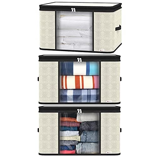 Image of Vinsani 3pcs Deluxe Clothes Storage Bags Organizer Large Capacity Double Zipper, Moisture-Proof Big Clear Windows Perfect Space for Clothes, Beddings, Blankets and Duvet - Cream