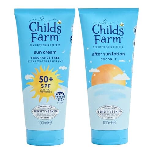 Image of Childs Farm Kids & Baby Sun Cream SPF 50+ & After Sun Lotion Bundle | UVA & UVB Very High Protection | Extra Water Resistant | Suitable for Dry, Sensitive Skin, 100ml