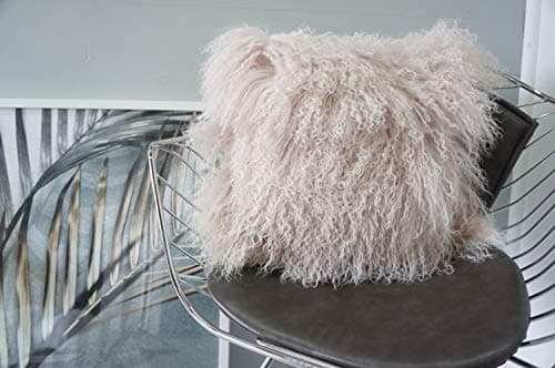 Image of MILABERT Luxury Genuine Mongolian | Tibetan Patchwork Sheepskin Lamb Fur Chair Pillow Cushion | Blush Pink | Grey | Snow White | Suede backing (Blush Pink)