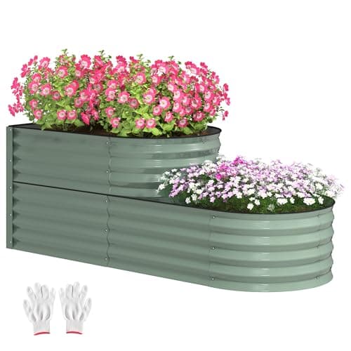 Image of Outsunny 2-Tier Raised Garden Bed, Outdoor Galvanised Planter Box with Safety Edging and Gloves, Metal Raised Bed with Open Bottom for Vegetables, Flowers, Fruits and Herbs, Light Green
