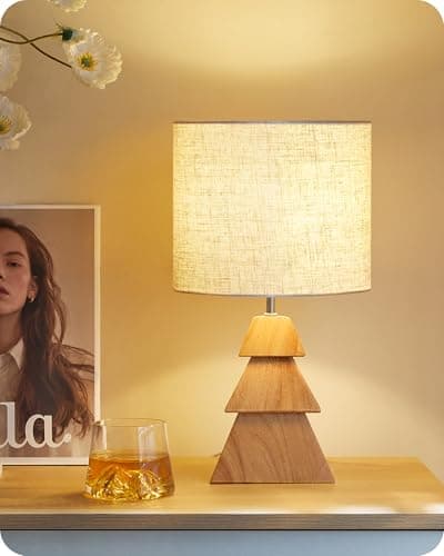 Image of GOEBLESON Small Table Lamp, Wood Desk Lamp with Tree-Shaped Base & Linen Lampshade, Bedside Lamp with Cable, E27 Base, 2700K LED Bulb Included, for Living Room, Bedroom, Beige and Natural ZME08TLK05N1