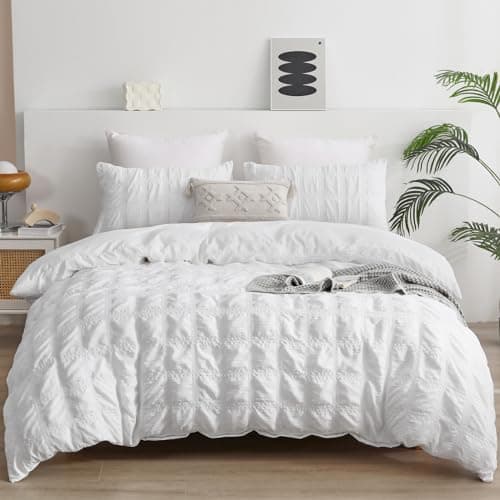 Image of Fondream White Seersucker Duvet Cover Double Size Pompom Tassels Design Bedding Set Textured Bedding Set with Zipper Closure (White, 200x200cm)