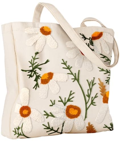 Image of Miss Adola Aesthetic Embroidery Tote Bag for Women - Reusable Canvas Cloth Shoulder Bag with Cute 3d Full Daisy Embroidered Designer Shopping Bag for Grocery, Work, Book, Vacation