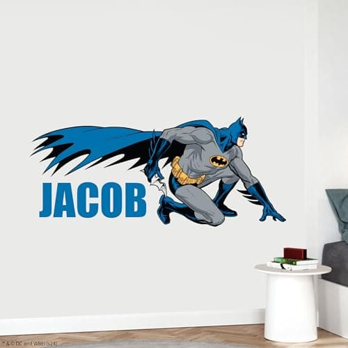 Image of Batman™ Wall Sticker - Crouched Personalised Name Wall Decal DC Superhero Art (90cm Width x 40cm Height)