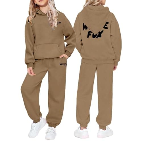 Image of NSICBMNO Kids Tracksuit Girls Boys 2 Piece Outfits, Tracksuit Kids Full Set Oversized Hoodie Long Sleeve Sweatshirt Baggy Sweatpants Clothing Sets Activewear Gym Set 9-10 Years, Khaki
