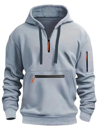 Image of MakingDa Mens 1/4 Zip Pullover Hoodie Long Sleeve Zipped Pocket Drawstring Fleece Tracksuit Tops Cuff Overhead Hooded Shirts Regular Fit Casual Classic Work Hoody Sweatshirts Light Grey L