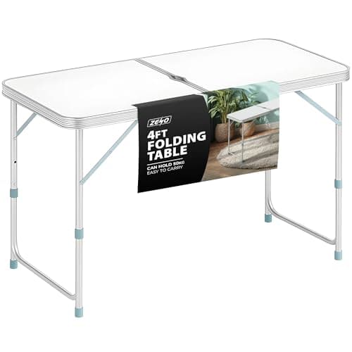 Image of ZENO Folding Table 4FT 1.2M | Camping Table | Adjustable & Portable Folding Tables Great for Garden, Picnic, Party, BBQ, Office | Aluminium Camping Tables That Fold Up With Parasol Hole
