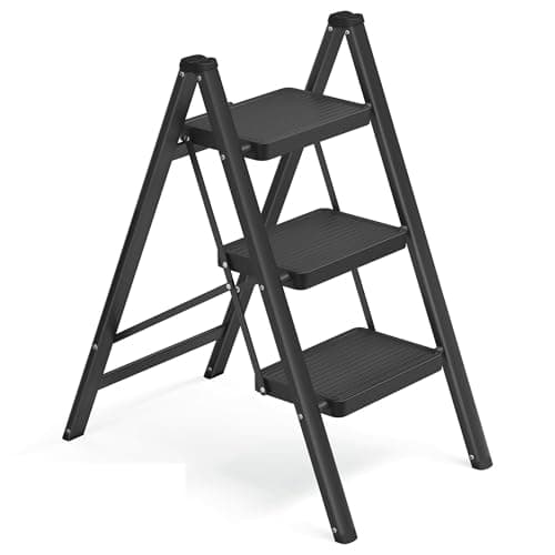 Image of SONGMICS Step Ladder, Folding Step Stool, 3-Step Foldable Ladder, Holds up to 150 kg, Steel, Heavy-Duty, Easy Storage for Home and Office, 73.5 x 43.4 x 85.5 cm, Black GSL103BZ01