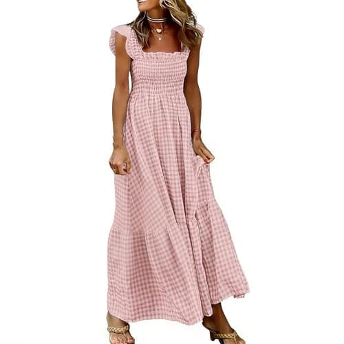 Image of Gingham Tartan Dress for Women UK Check Smocked Maxi Dress Ladies' Square Neck Ruffle Strap Tiered Summer Dress Beach Picnic Casual Everyday Wear with Pockets M Pink