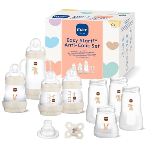 Image of MAM Easy Start Self Sterilising Anti Colic Starter Set Unisex Newborn 0+ Bottle Set and Soother incl. Extra Small teats for breas tmilk, Newborn Essentials, Colour: Sand-Creme Beige Almond