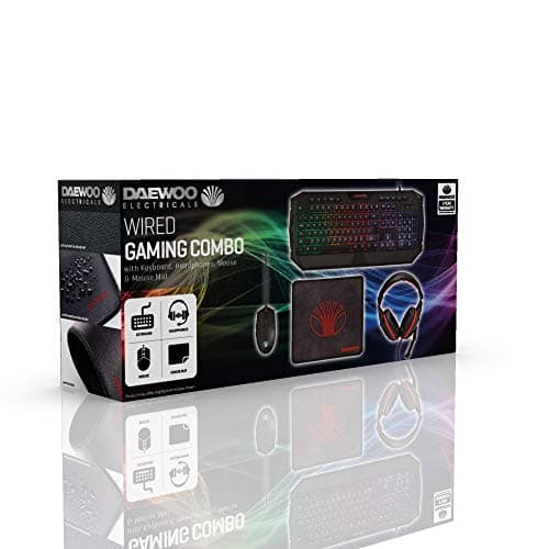 Image of Daewoo Complete 4-IN-1 Gaming PC Set with Wired USB Plug Light Up Mouse & Keyboard, 40MM Speaker Headset with 20KHZ Mic, Cord Length 1.8M, Rubber and Cloth Desktop Mat,Black/Red,AVS1436