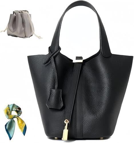 Image of Genuine Leather Bucket Bag for Women: Lock Design Shoulder Handbag Versatile Top-Handle Tote Fashionable Vegetable Basket, Black
