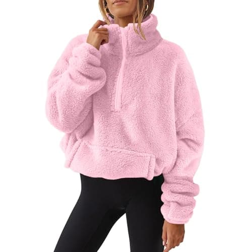 Image of Womens Fleece Jumper Women Half Zip Long Sleeve Winter Thermal Tops Pullover Sweatshirts Loose Casual Fluffy Tees Shirts Jacket Coats Warm Fleece Tops (UK, Alpha, S, Regular, Regular, 01 Pink)