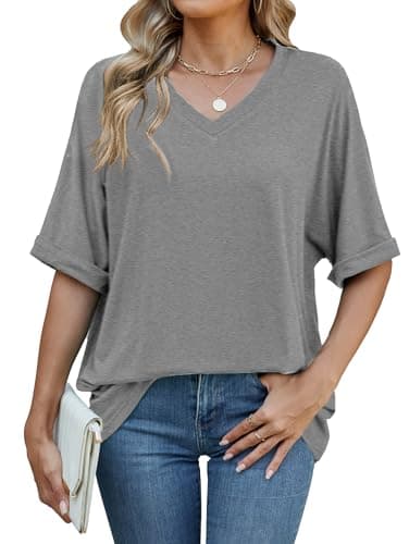 Image of Famulily Tunic T-Shirt for Women UK V Neck Rolled Half Sleeve Baseball Grey T Shirt Soft Baggy Tee for Ladies (L, Grey)
