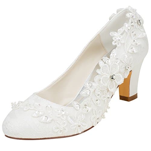 Image of Emily Bridal Wedding Shoes Women's Silk Like Satin Chunky Heel Pumps with Stitching Lace Flower Crystal Pearl- 5 UK / EU 38 , Ivory