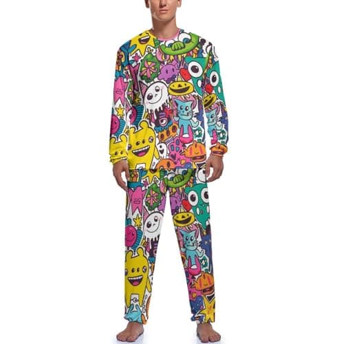 Image of Cartoon Graffiti Monster Men's Pajamas Sets Satin Silky Long Sleeve Top And Pant Loungewear with Pockets M