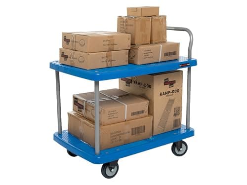Image of Plastic Platform Trolley, 2 Tier Blue Heavy Duty Cart on Wheels with Handle for Office & Industrial (930(H) x 900(W) x 590(D) mm)